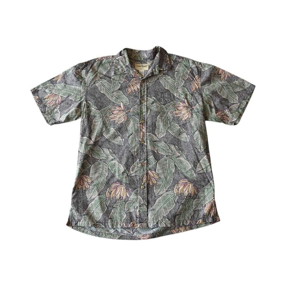 Vintage Botanical Print Cotton Button Down Hawaiian Shirt Men's Medium